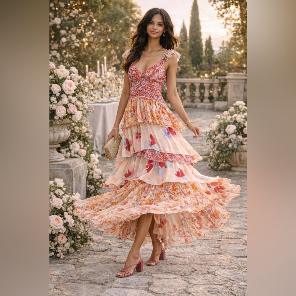 Free People Coraline Tiered Maxi Dress Boho Floral Pink Ruffle Size 0 - Picture 16 of 16